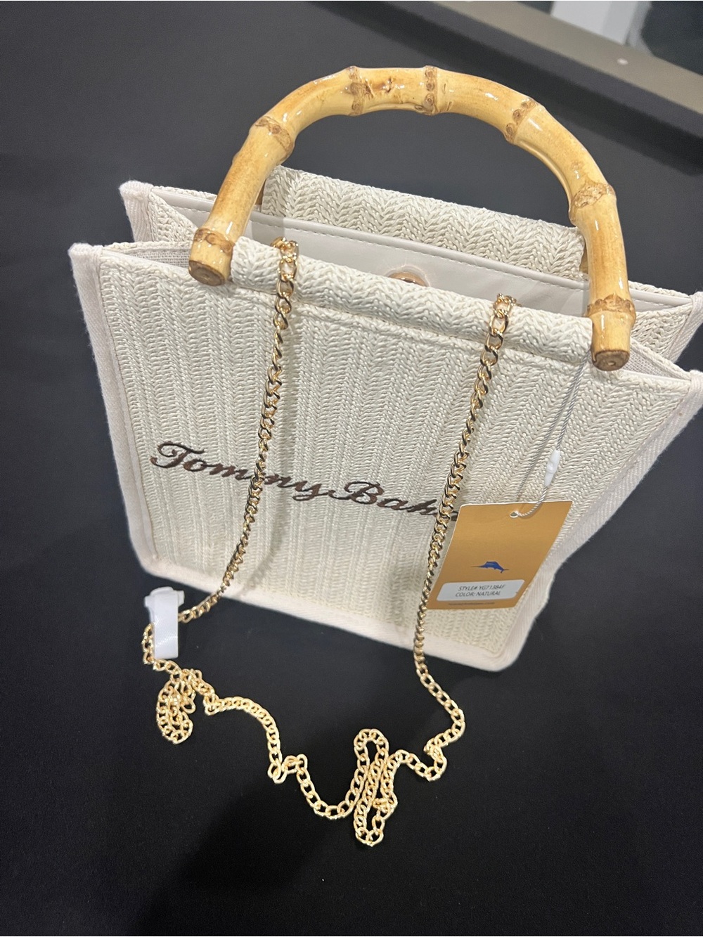 Tommy Bahama Cream Knit Mini Tote with Bamboo Handle & Gold Chain